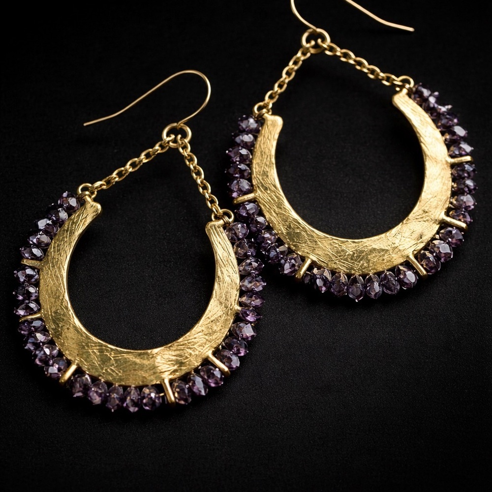 Boho Gold Tone Genuine Amethyst Hoop Earrings – EUC - Picture 3 of 11